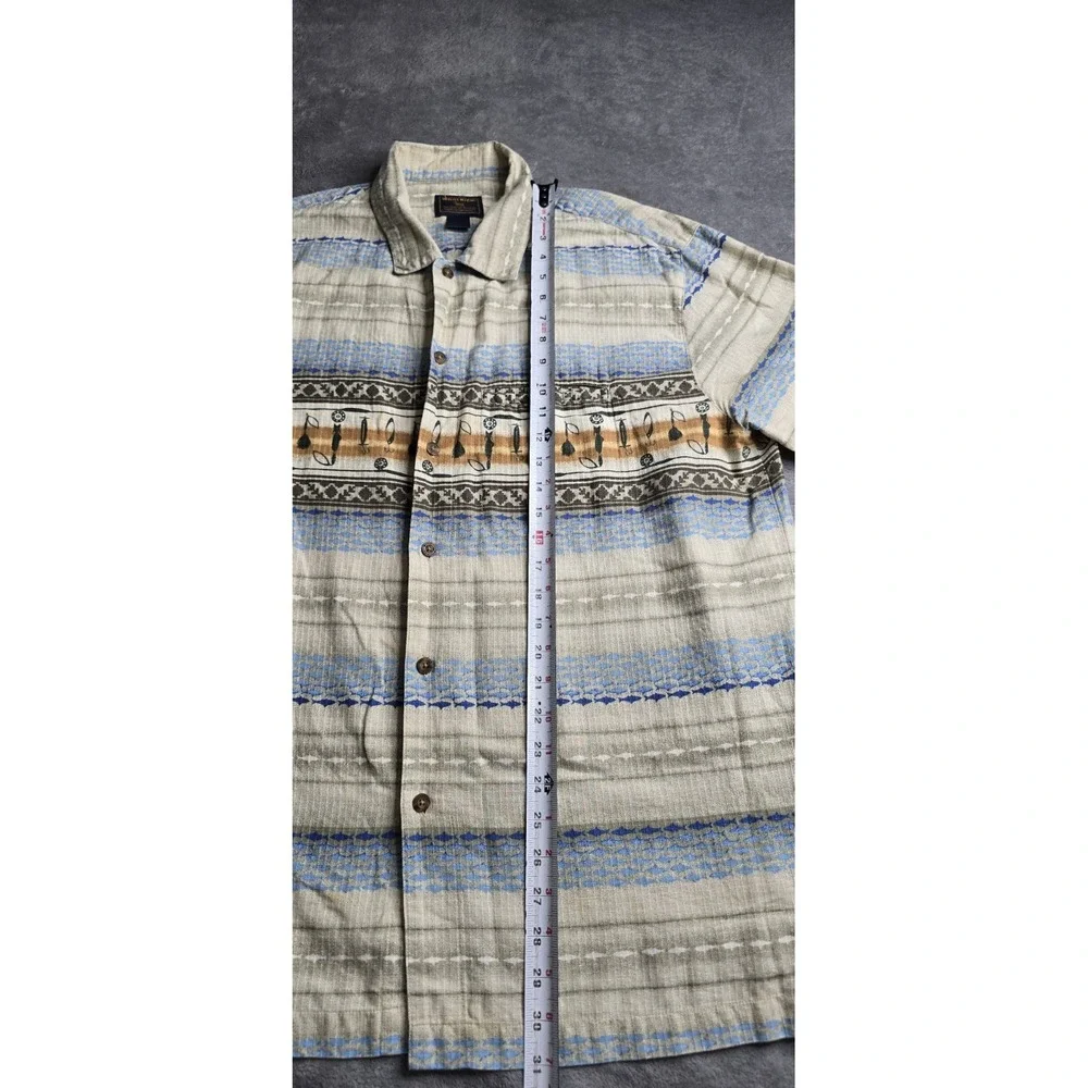 Woolrich Shirt Mens XL Beige Blue Fish Hooks Hawaiian Button Up Fish Stripes